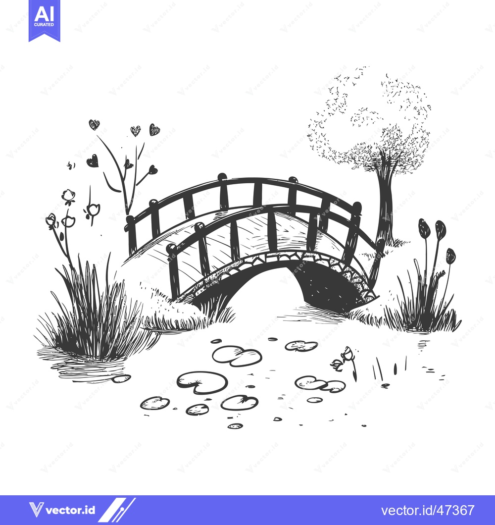Premium Vector of Hand-drawn sketch of a wooden bridge over a pond with lily pads and su