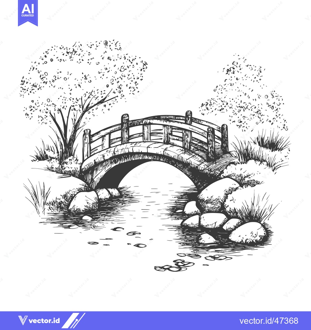 Premium Vector dari Hand-drawn sketch of a wooden bridge over a river with trees and rocks
