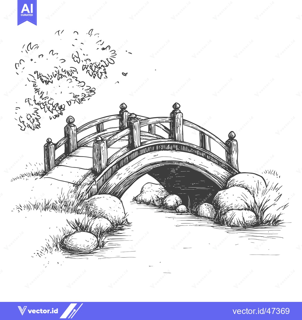 Premium Vector of Hand-drawn sketch of a wooden bridge over a stream with rocks and gras