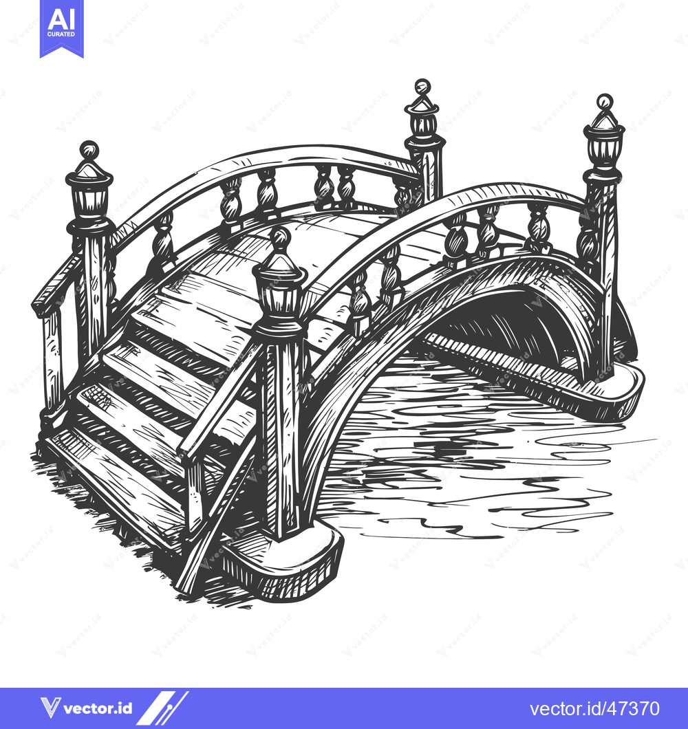 Premium Vector dari Hand-Drawn Sketch of a Wooden Bridge with Lampposts Over a Body of Wat