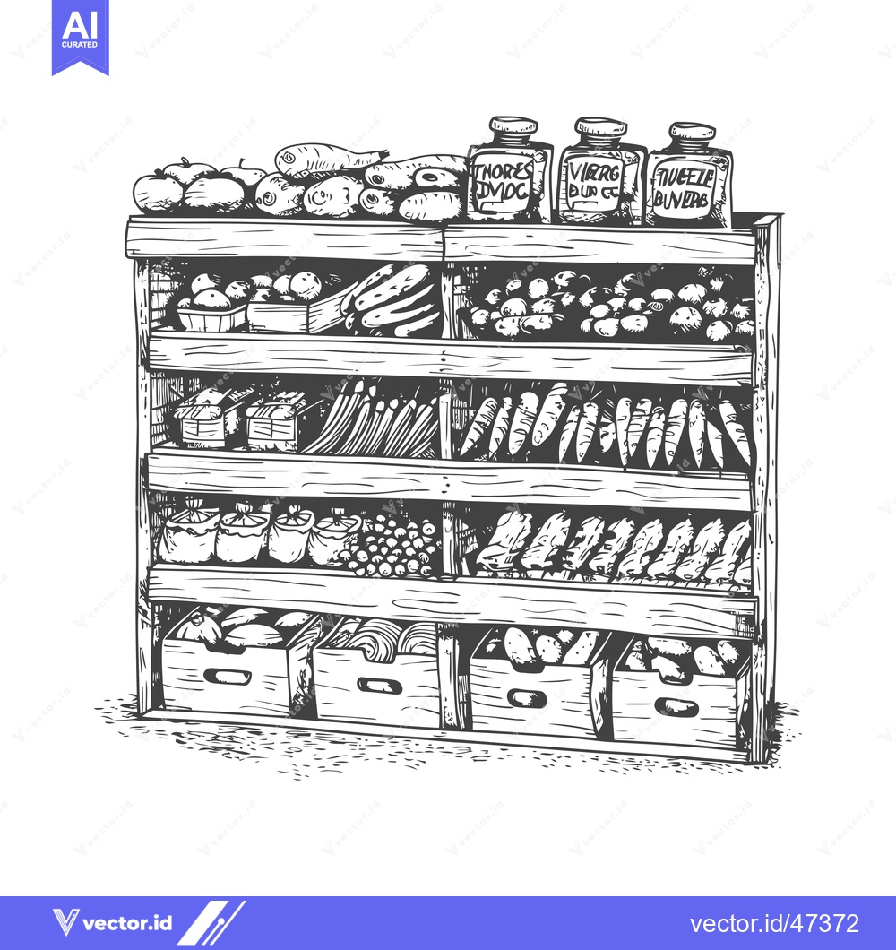 Premium Vector of Hand-drawn sketch of a wooden crate stand full of fruits and vegetable