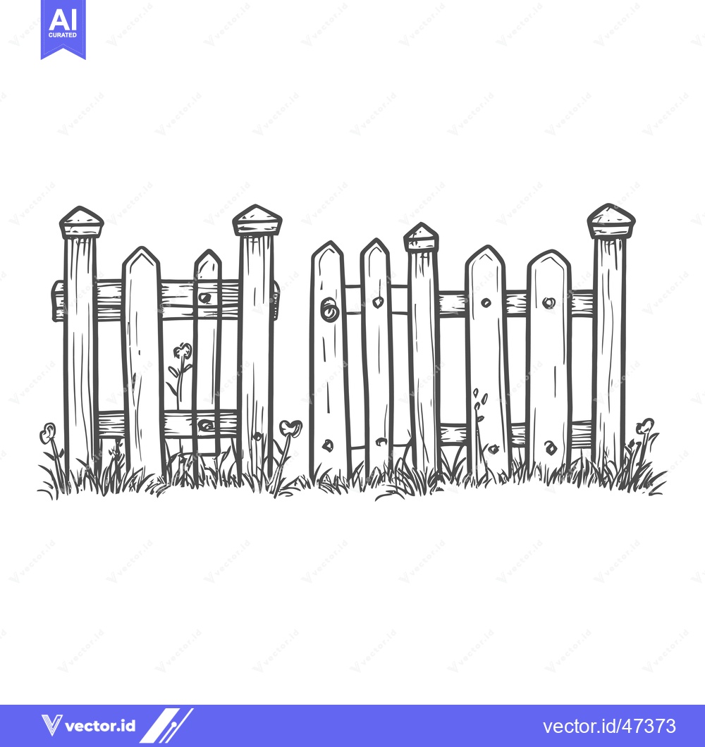 Premium Vector dari Hand-Drawn Sketch of a Wooden Fence with Grass and Flowers