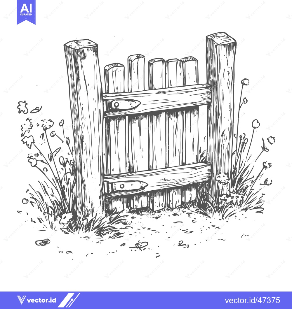 Premium Vector dari Hand-Drawn Sketch of a Wooden Gate with Grass and Flowers