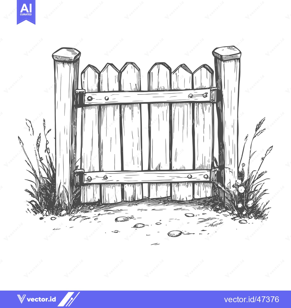 Premium Vector of Hand-Drawn Sketch of a Wooden Gate with Grass and Stones