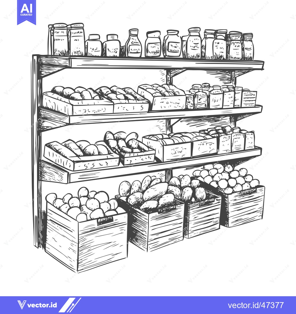 Premium Vector dari Hand-drawn sketch of a wooden produce shelf with jars, fruit and veget