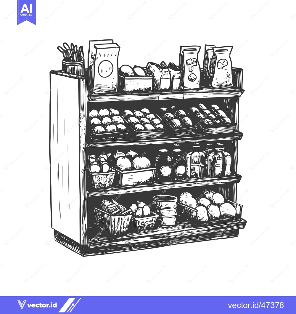 Premium Vector of Hand-drawn sketch of a wooden shelf filled with assorted groceries