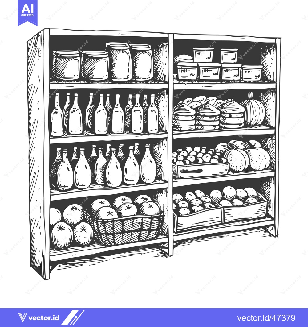 Premium Vector dari Hand-Drawn Sketch of a Wooden Shelf Filled with Various Food Items