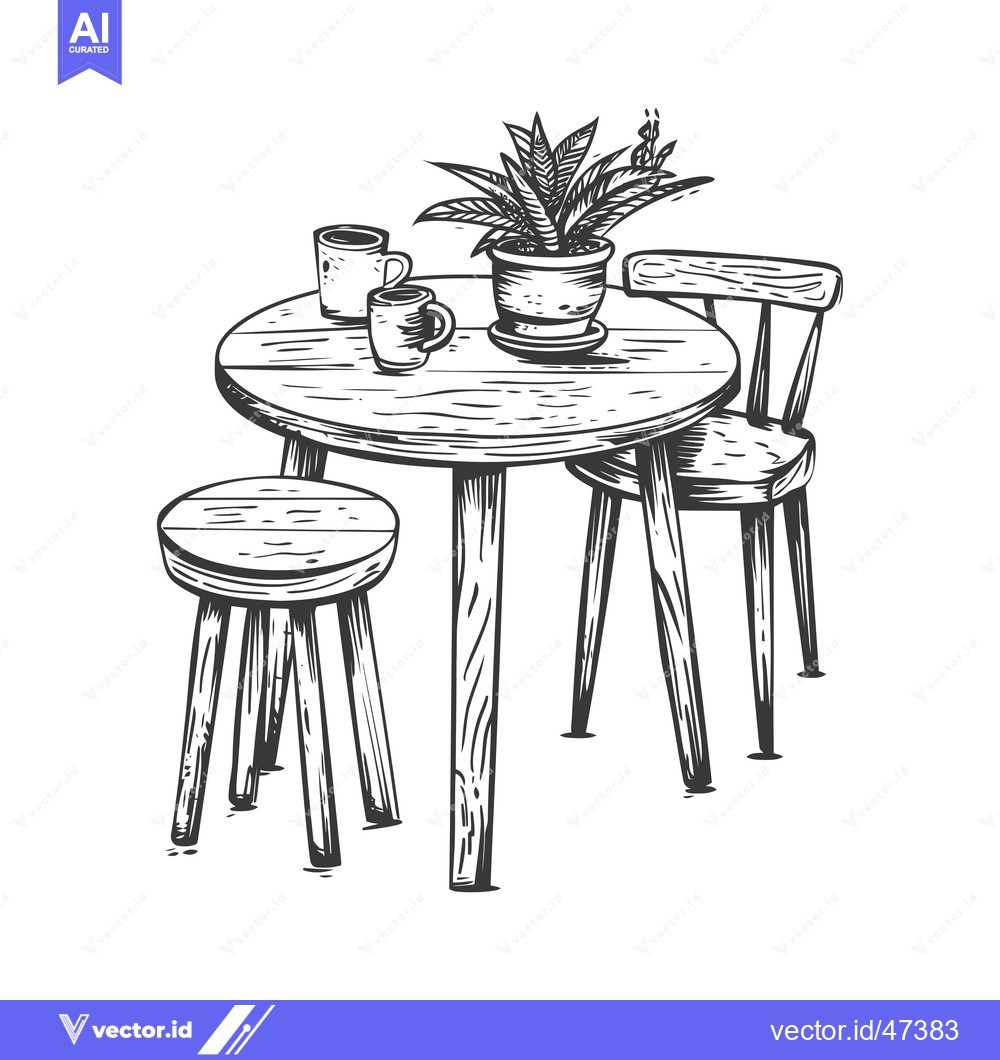 Premium Vector dari Hand-drawn sketch of a wooden table and chairs with a potted plant and