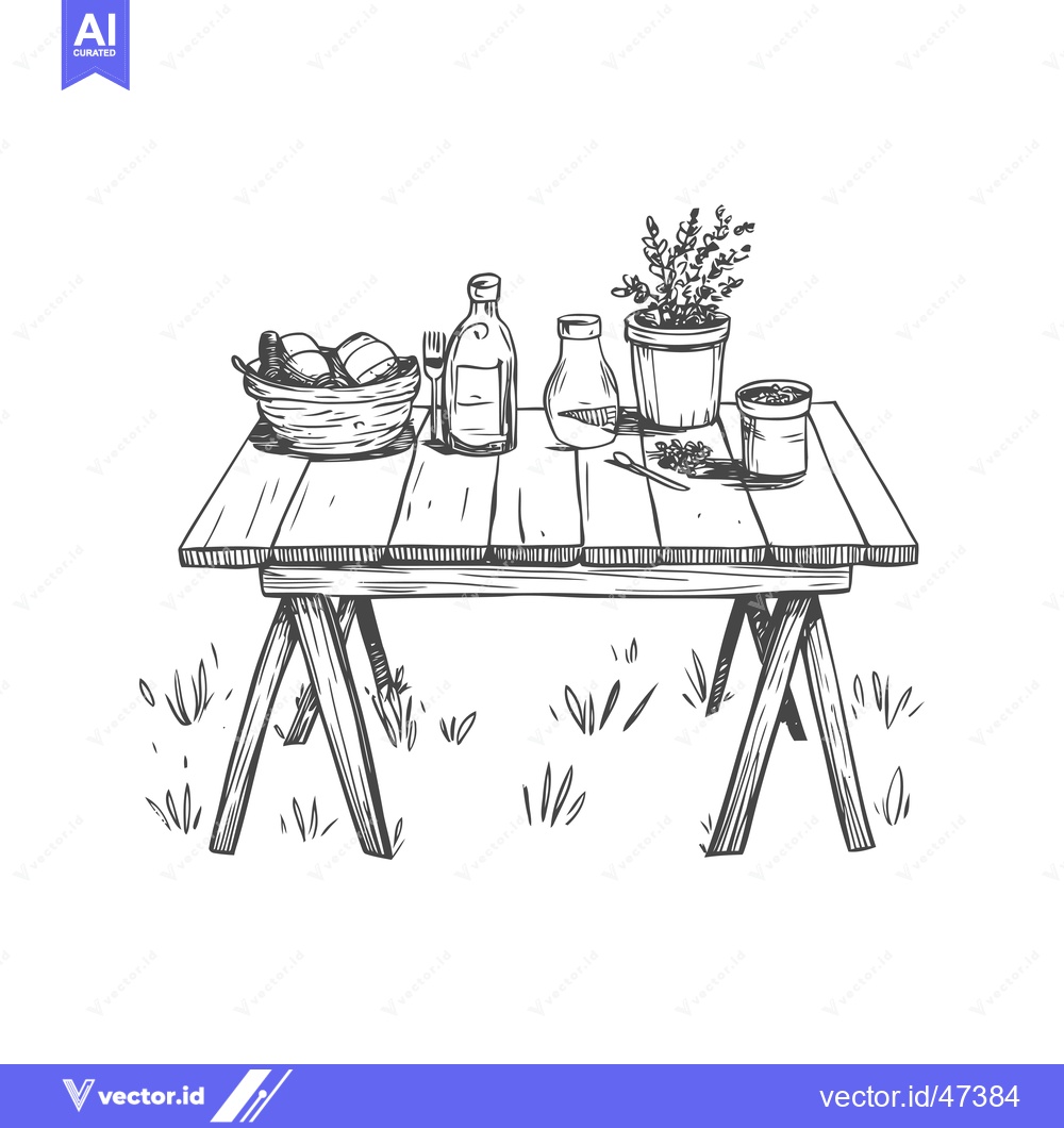 Premium Vector dari Hand-Drawn Sketch of a Wooden Table with a Basket of Food and Plants i