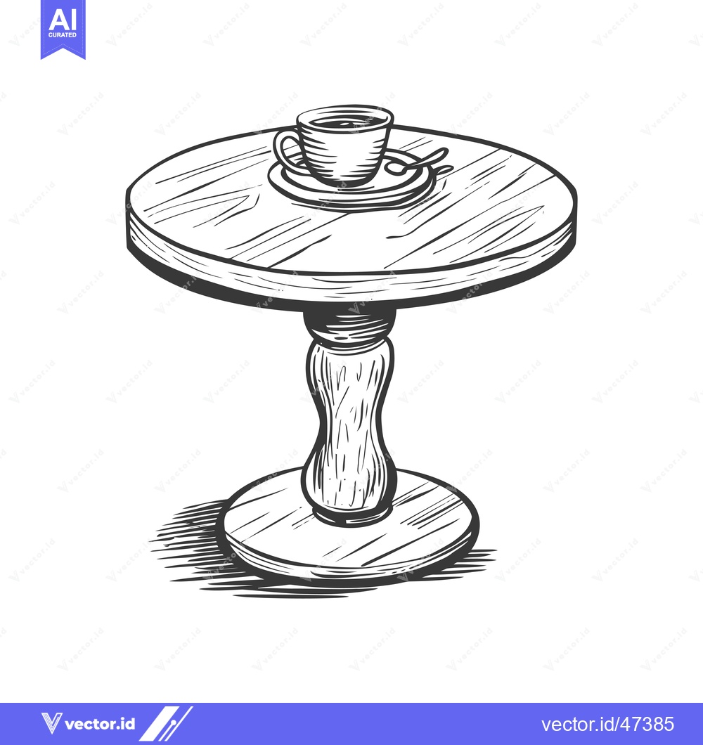 Premium Vector dari Hand-drawn sketch of a wooden table with a cup and saucer