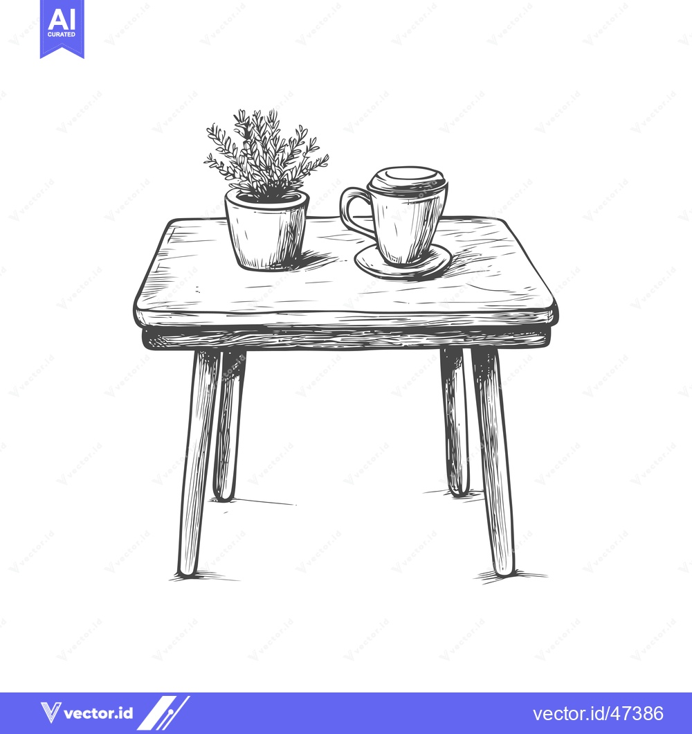 Premium Vector of Hand-drawn sketch of a wooden table with a plant and a coffee cup