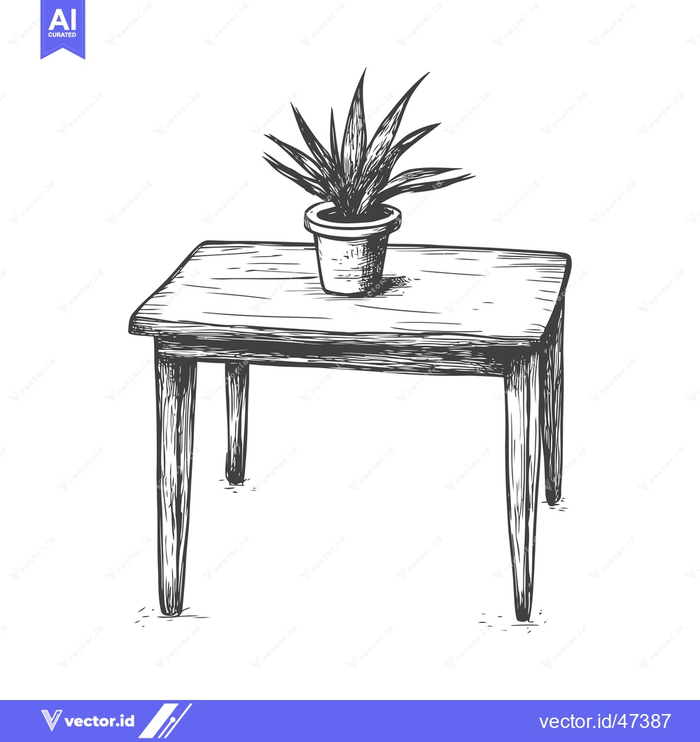 Premium Vector of Hand-Drawn Sketch of a Wooden Table with a Potted Plant