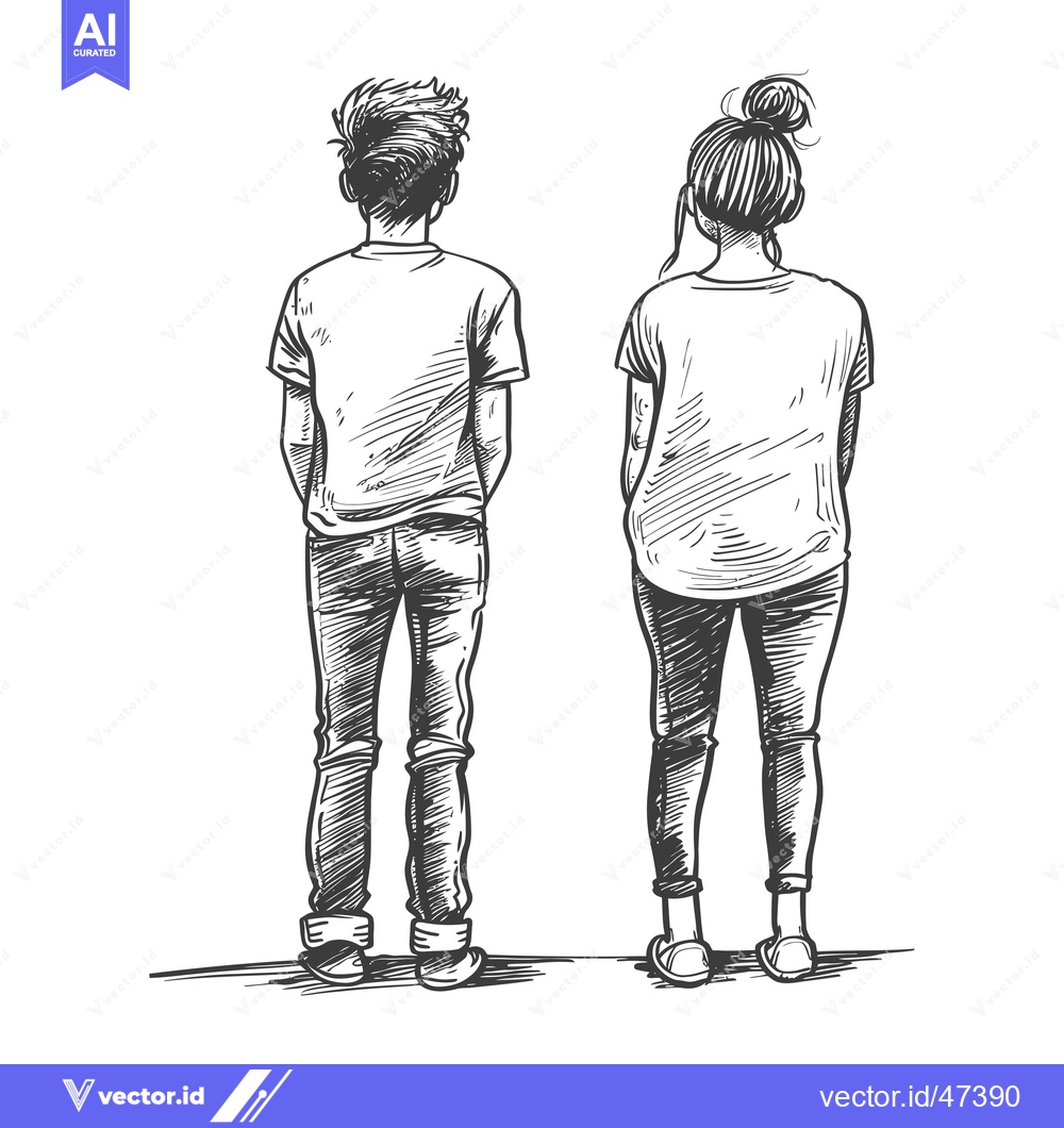 Premium Vector of Hand-drawn Sketch of a Young Couple Standing Back-to-Back