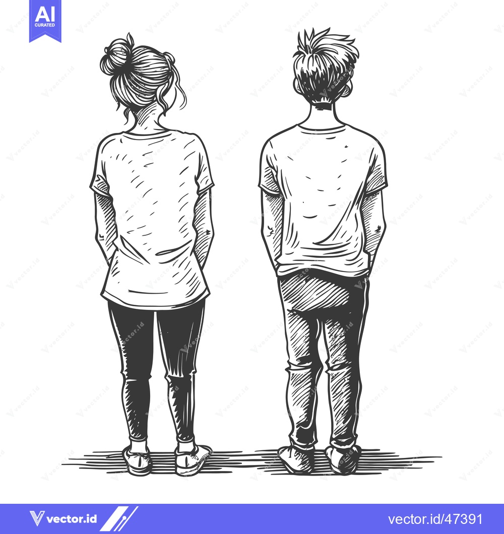 Premium Vector dari Hand-Drawn Sketch of a Young Couple Standing Back-to-Back