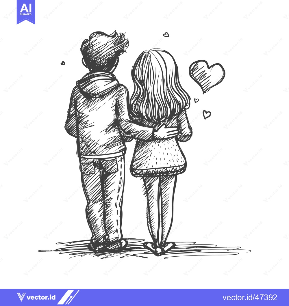 Premium Vector of Hand-drawn sketch of a young couple standing back-to-back with hearts