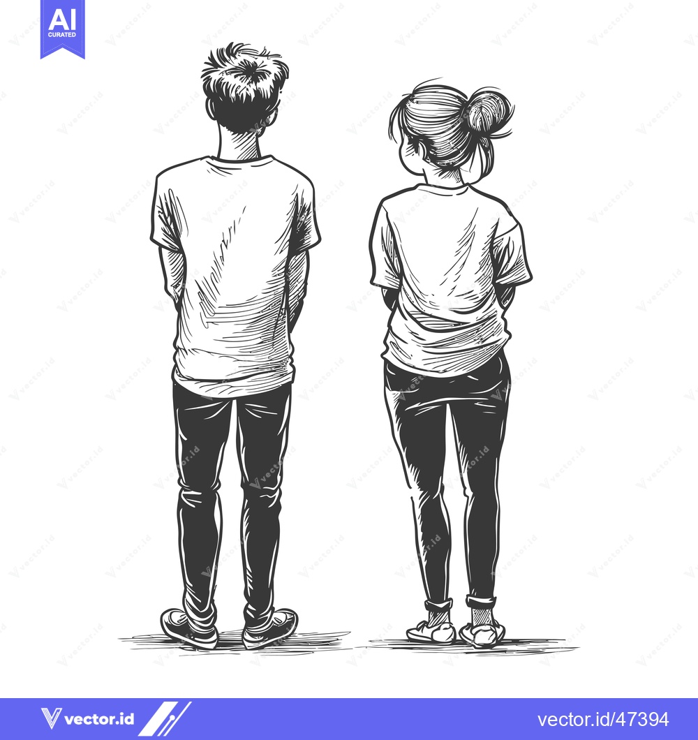 Premium Vector dari Hand-drawn sketch of a young man and woman standing back-to-back