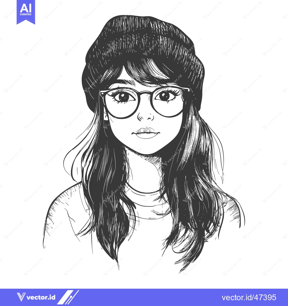 Premium Vector of Hand-drawn Sketch of a Young Woman Wearing a Beanie and Glasses