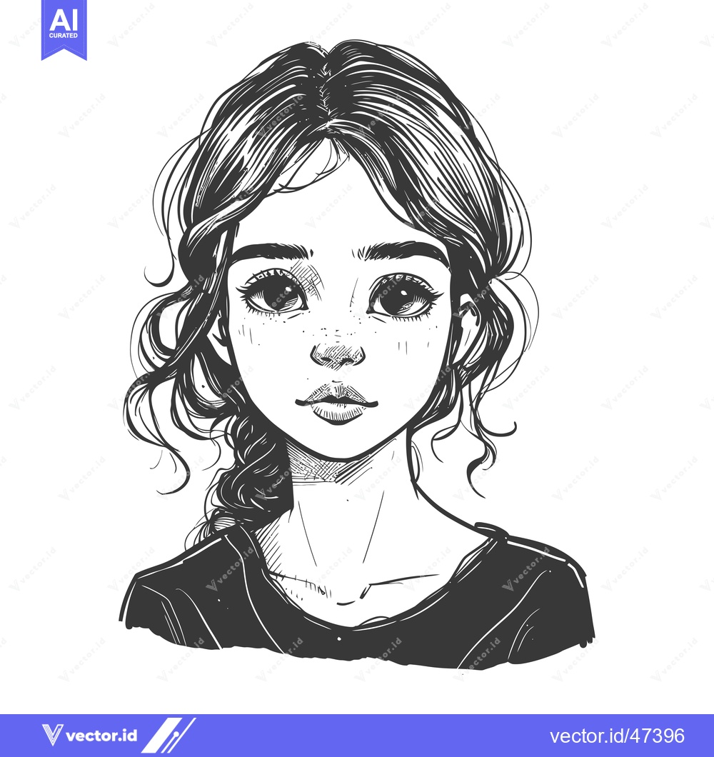 Premium Vector of Hand-Drawn Sketch of a Young Woman with Curly Hair and Freckles