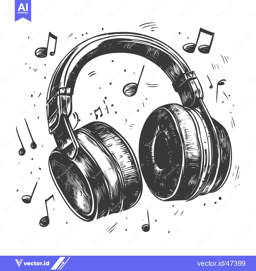 Premium Vector dari Hand-drawn sketch of black and white headphones with music notes