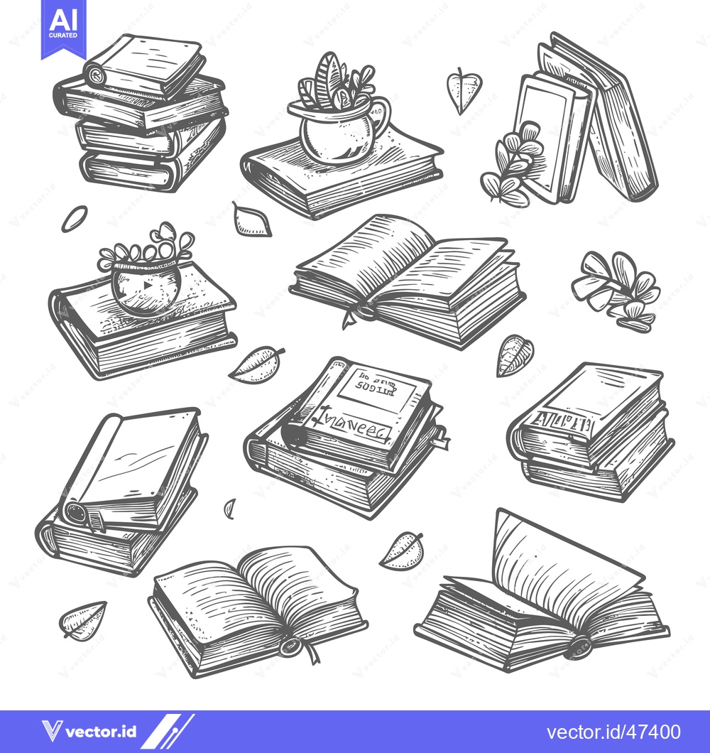 Premium Vector of Hand-drawn Sketch of Books and Plants