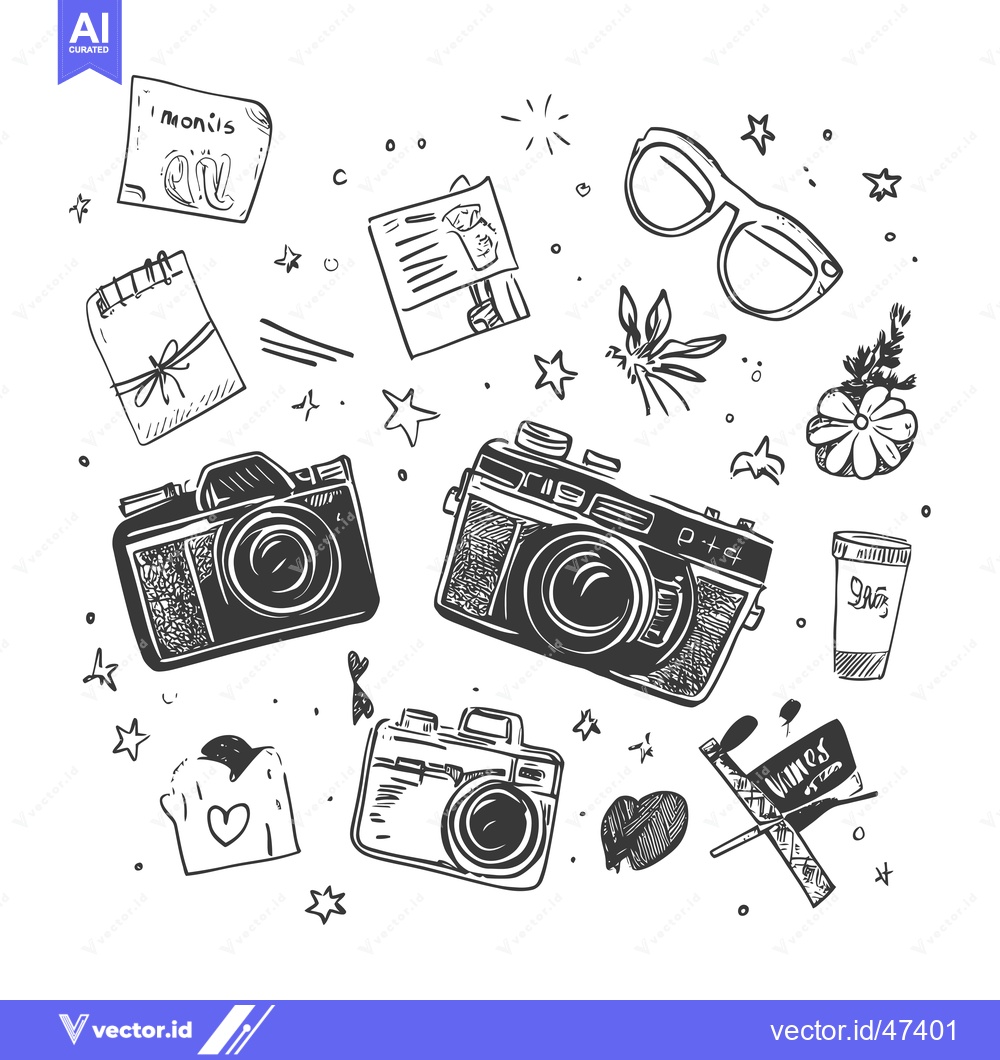 Premium Vector of Hand-Drawn Sketch of Cameras, Glasses, and Miscellaneous Items