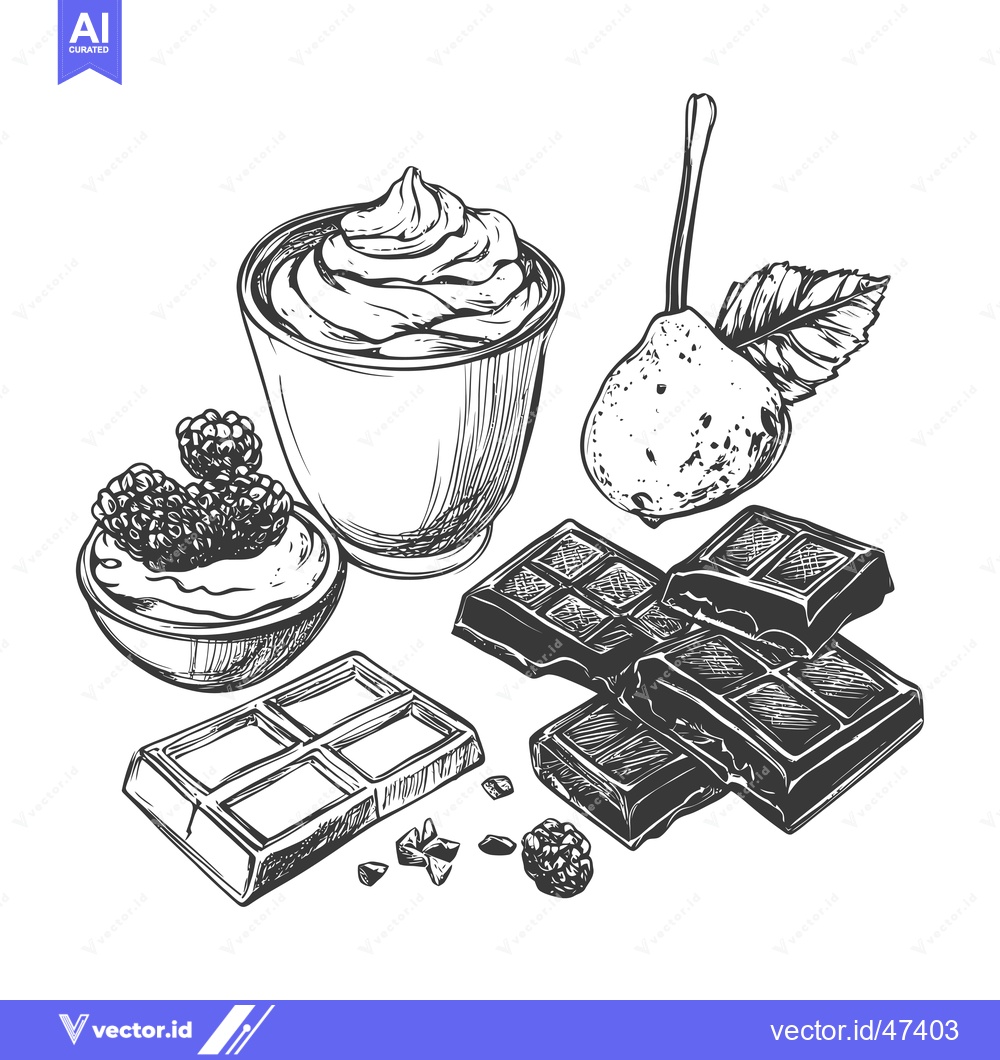 Premium Vector of Hand-Drawn Sketch of Chocolate, Whipped Cream, Berries, and a Pear