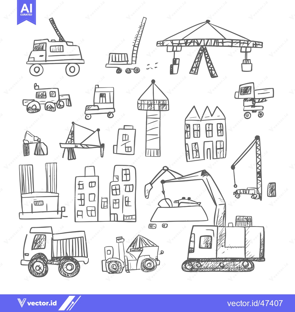 Premium Vector dari Hand-Drawn Sketch of Construction Vehicles and Buildings