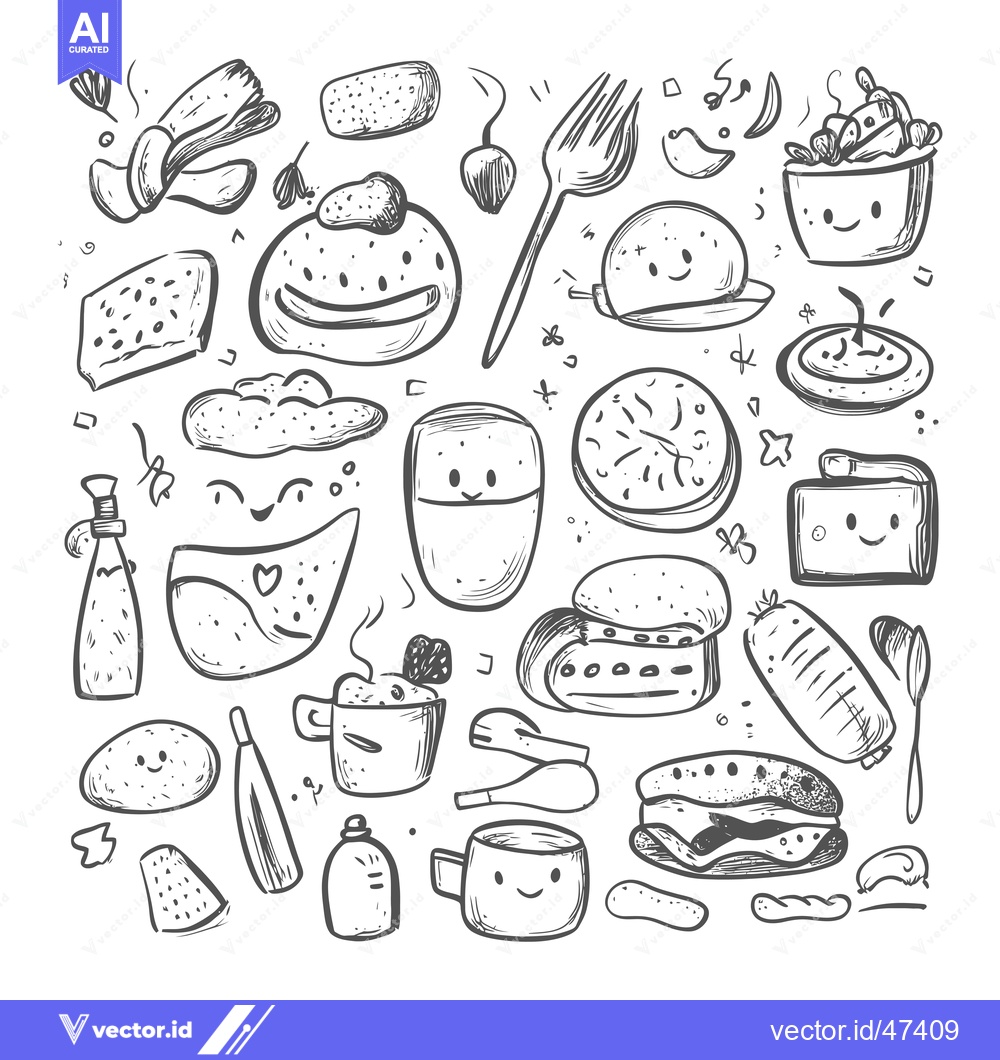 Premium Vector dari Hand-Drawn Sketch of Cute Food Items with Smiling Faces