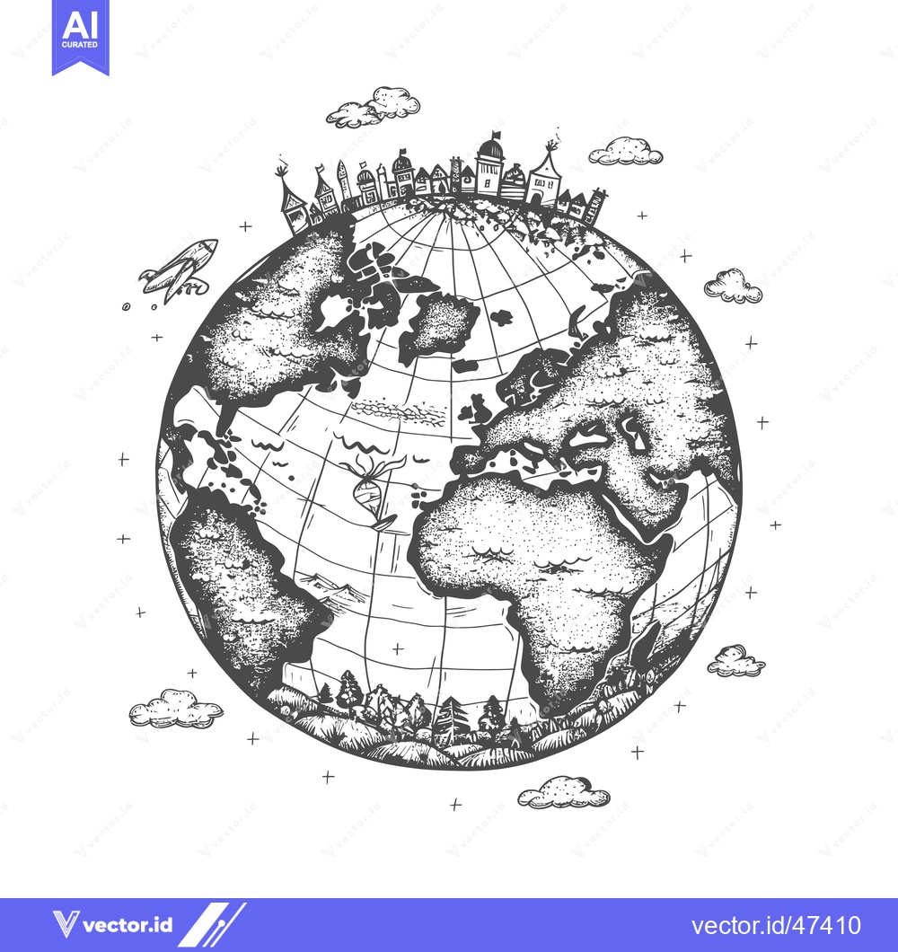 Premium Vector dari Hand-Drawn Sketch of Earth with Buildings, Clouds, and a Plane