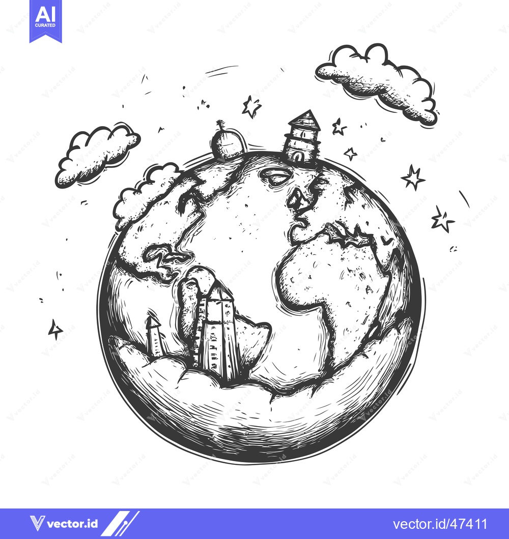 Premium Vector dari Hand-Drawn Sketch of Earth with Buildings, Clouds, and Stars