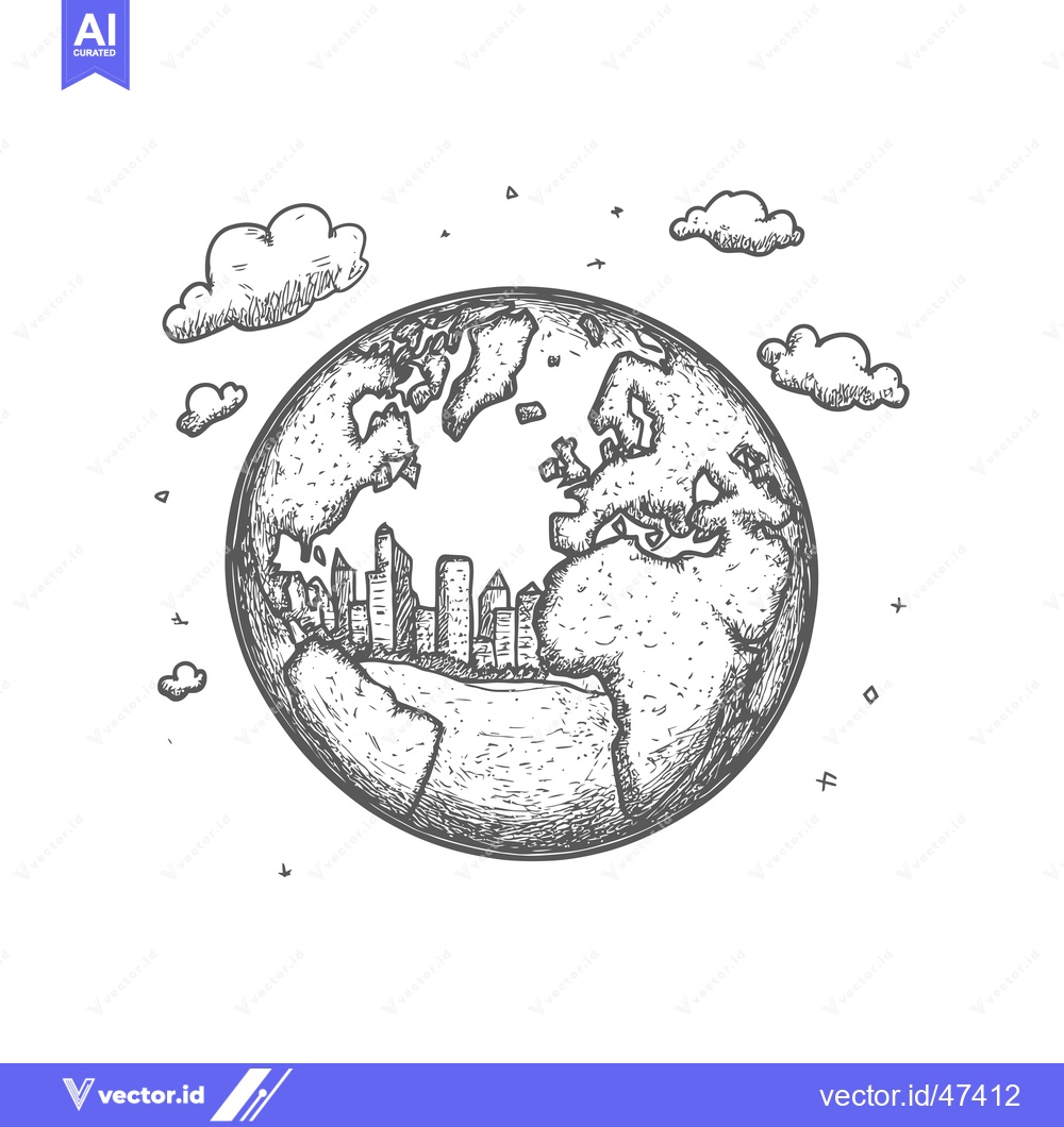 Premium Vector dari Hand-drawn sketch of Earth with cityscape and clouds