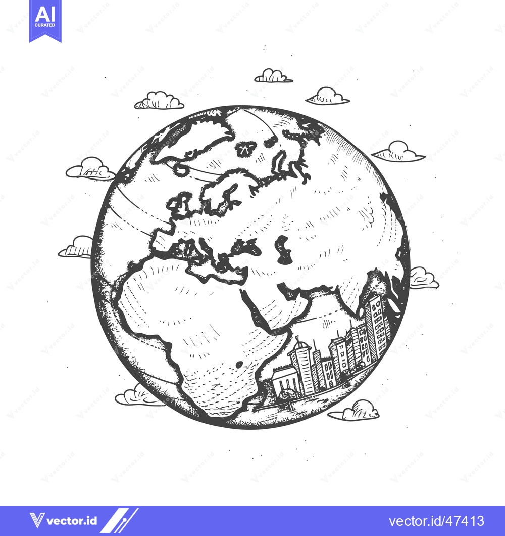 Premium Vector dari Hand-Drawn Sketch of Earth with Cityscape and Clouds