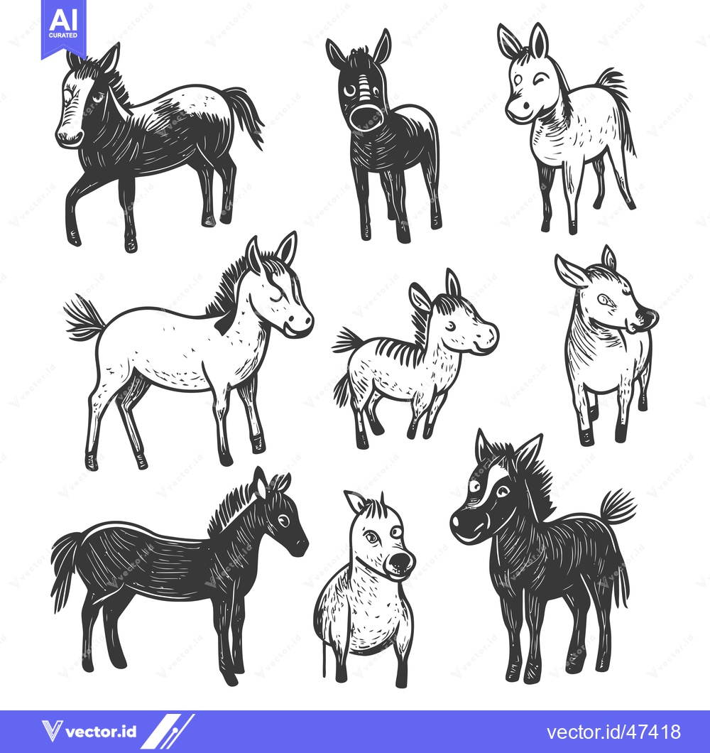 Premium Vector of Hand-Drawn Sketch of Eight Different Horses and Donkeys