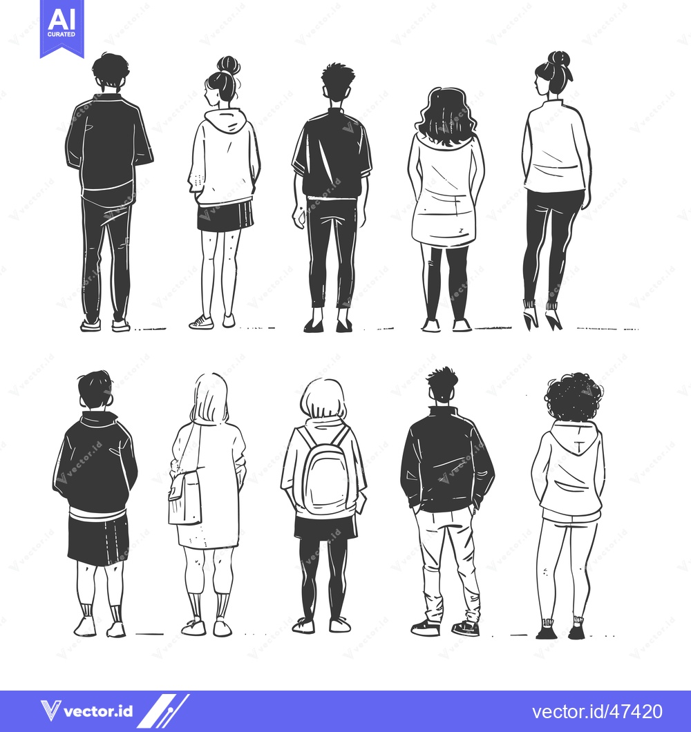 Premium Vector dari Hand-drawn Sketch of Eight People from Behind in Casual Outfits