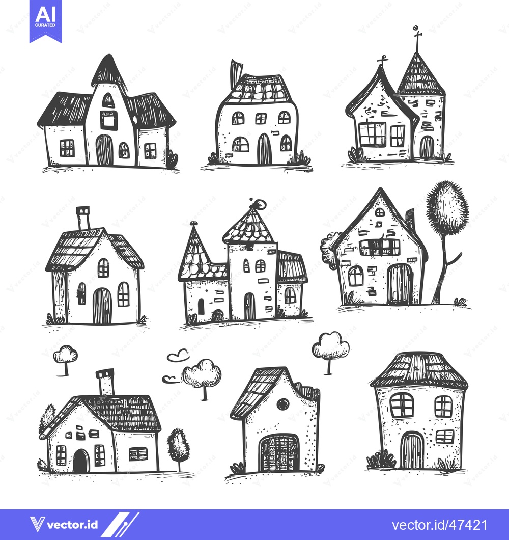 Premium Vector dari Hand-Drawn Sketch of Eight Unique Houses with Detailed Facades