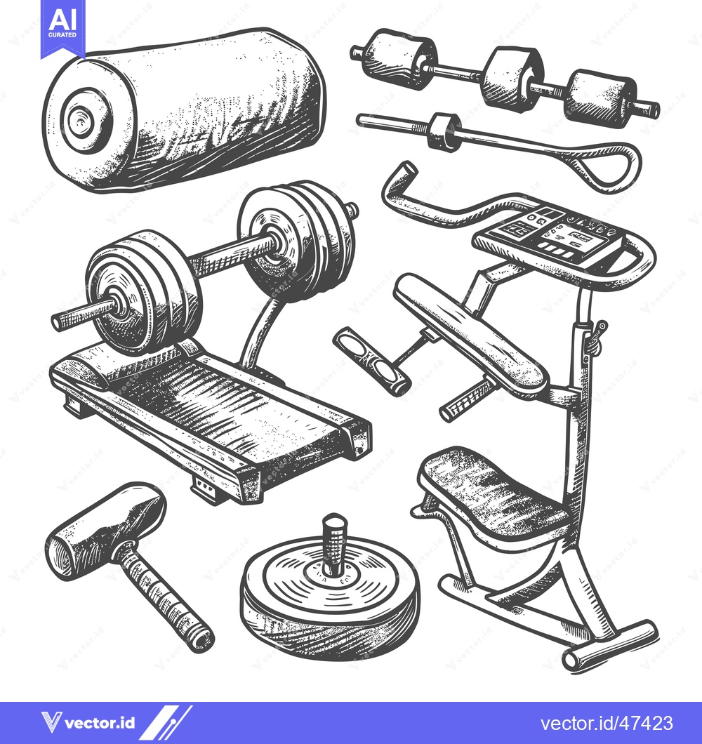 Premium Vector dari Hand-Drawn Sketch of Fitness Equipment, Including a Treadmill, Barbell