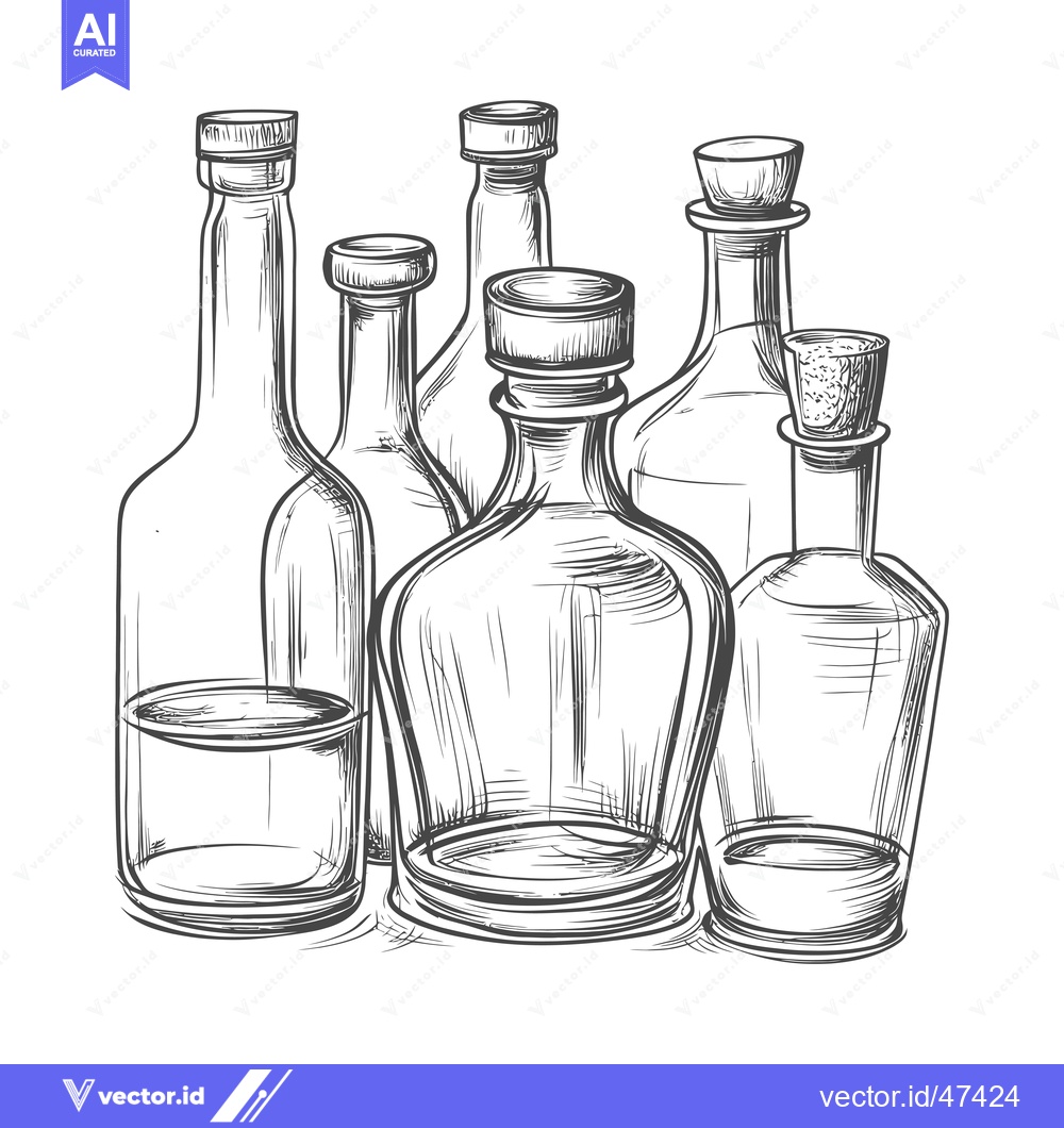 Premium Vector dari Hand-Drawn Sketch of Five Glass Bottles with Various Shapes and Sizes