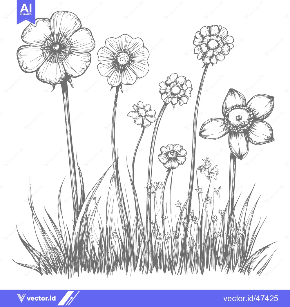 Premium Vector of Hand-Drawn Sketch of Flowers in Tall Grass