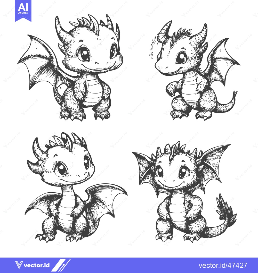 Premium Vector dari Hand-Drawn Sketch of Four Adorable Baby Dragons with Big Eyes