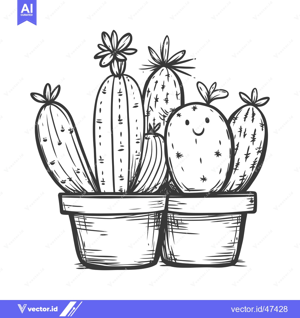 Premium Vector dari Hand-Drawn Sketch of Four Cacti in Pots