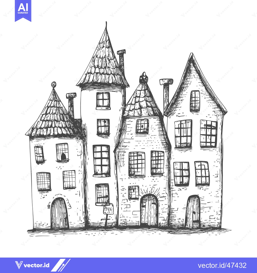 Premium Vector dari Hand-Drawn Sketch of Four Quaint Houses with Doors and Windows