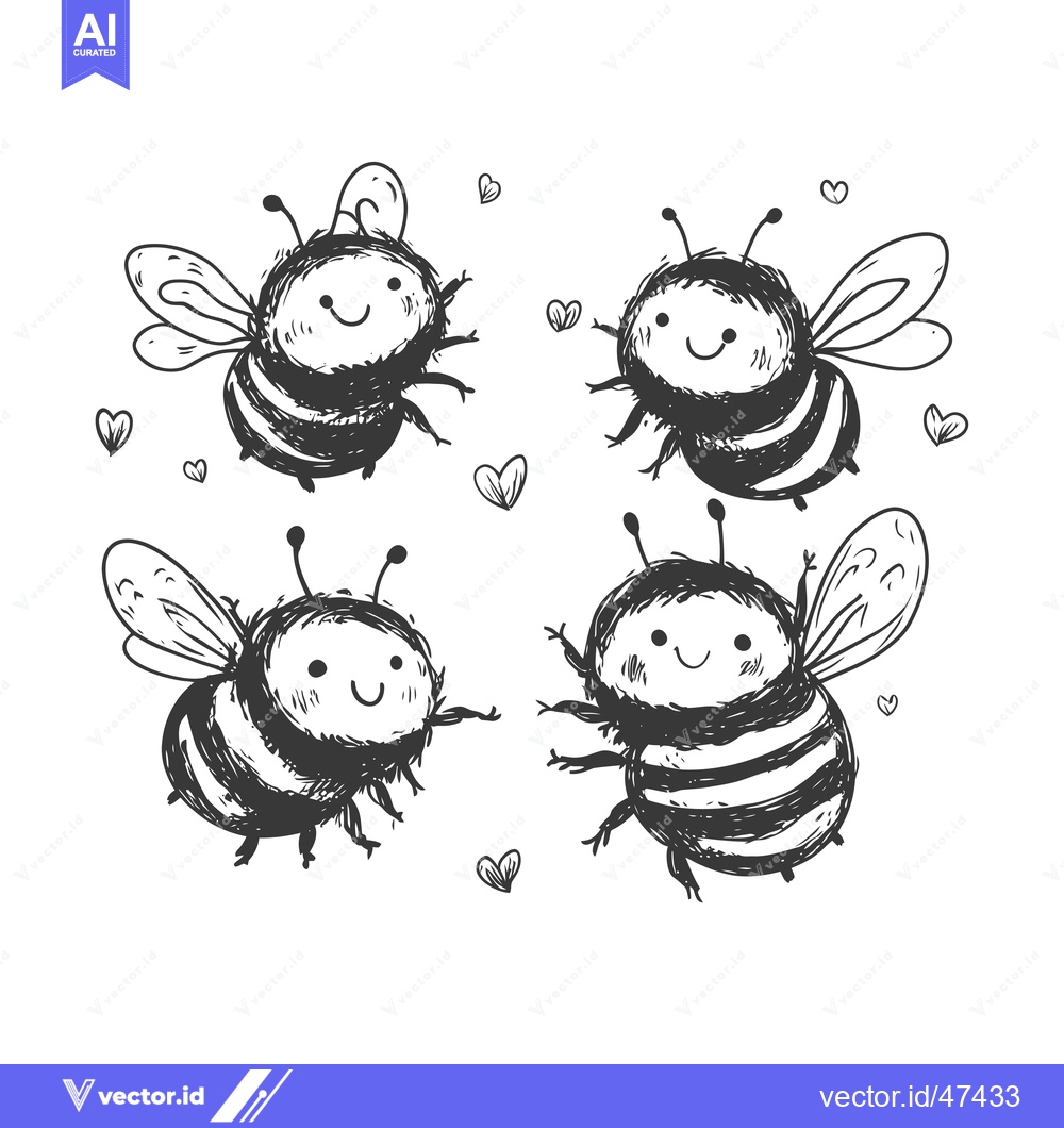 Premium Vector dari Hand-Drawn Sketch of Four Smiling Bees with Hearts