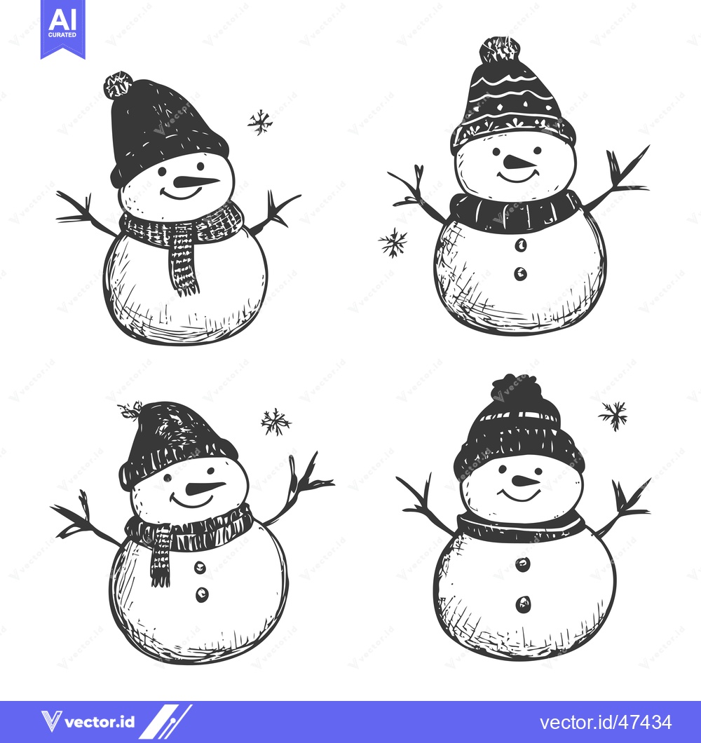 Premium Vector dari Hand-Drawn Sketch of Four Snowmen with Winter Accessories