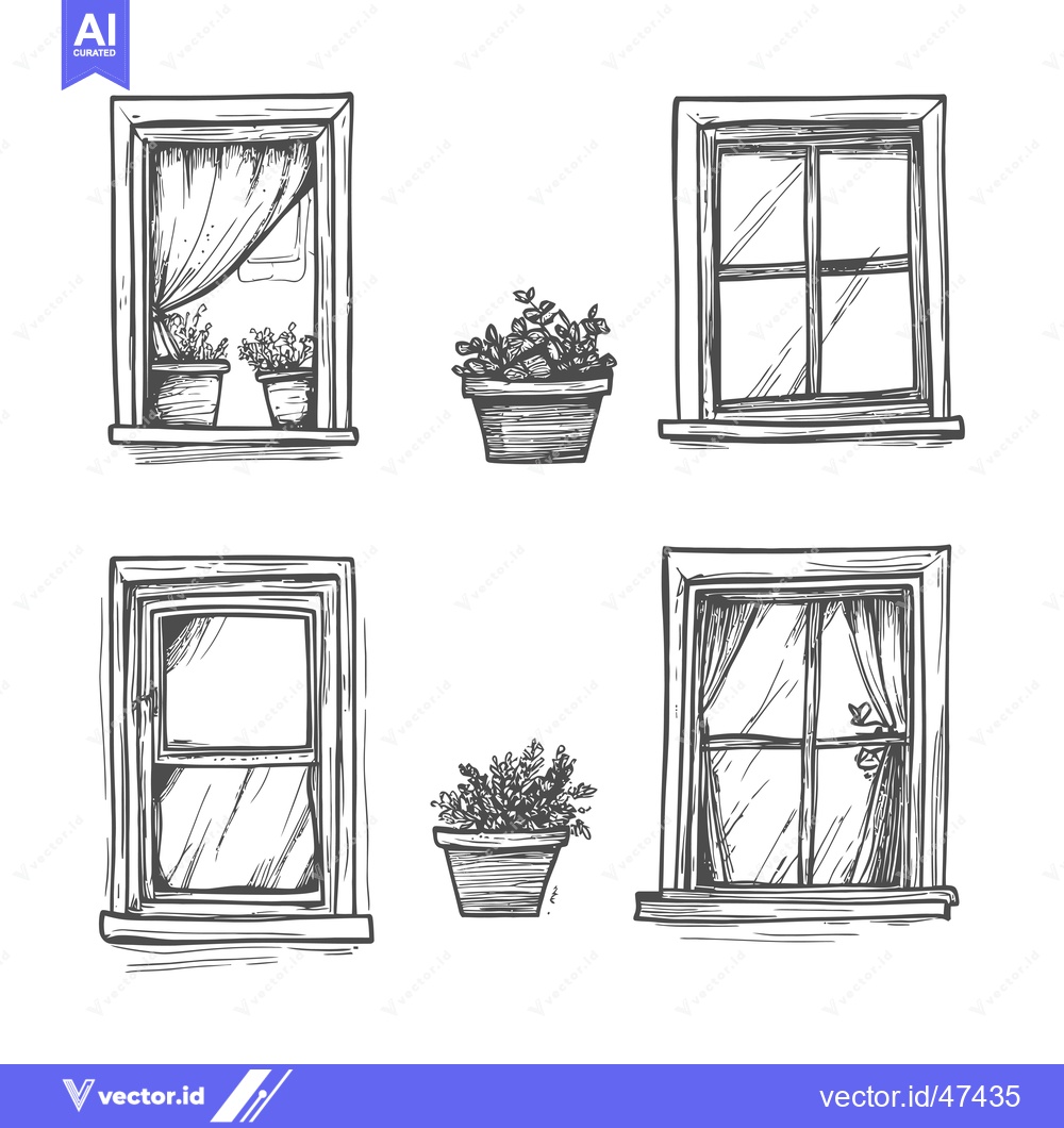 Premium Vector dari Hand-drawn Sketch of Four Windows with Plants