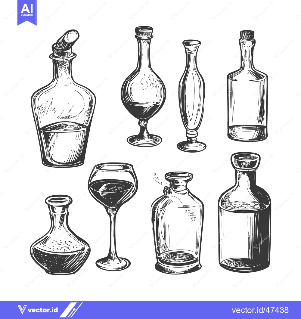Premium Vector dari Hand-Drawn Sketch of Glass Bottles and a Wine Glass