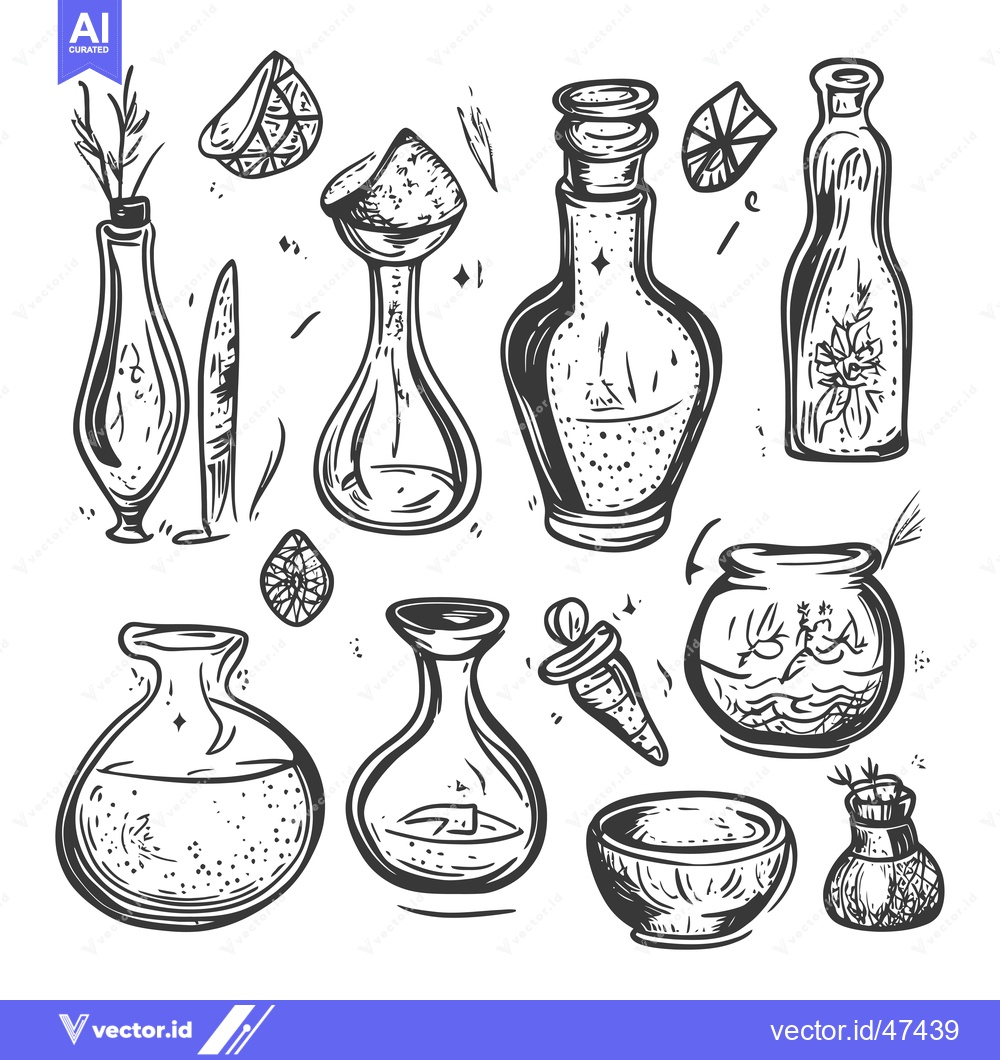 Premium Vector dari Hand-Drawn Sketch of Glass Bottles and Vases Filled with Liquid and He