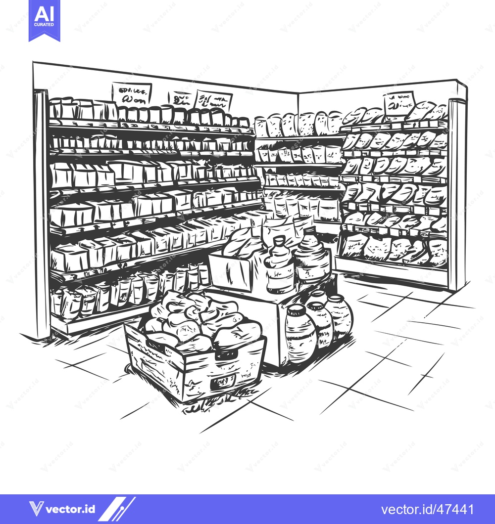 Premium Vector of A Hand-Drawn Sketch of a Grocery Store Aisle with Shelves Stocked with