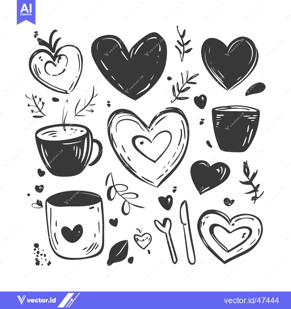 Premium Vector of Hand-drawn Sketch of Hearts, Coffee Cups, and Floral Elements
