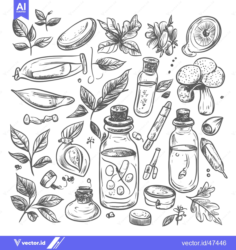 Premium Vector of Hand-Drawn Sketch of Herbal Ingredients and Essential Oil Bottles