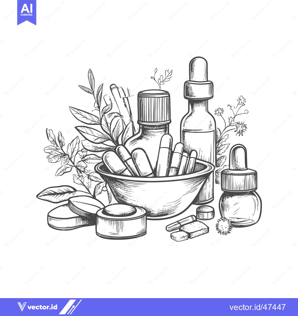 Premium Vector of Hand-drawn sketch of herbal medicine with bottles, capsules, and leave